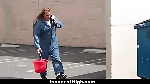 Janitor dominates and violates bondage brunette cheerleader