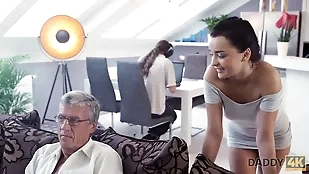 Old man and young girl engage blowjob brunette caught