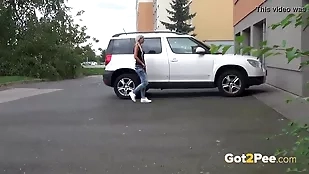 Young blonde girl urinates amateur blonde car