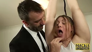 Fat girl gives deepthroat bdsm blowjob bondage