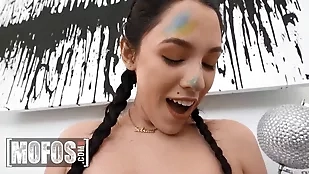 Selena receives facial from big boobs big cock cum